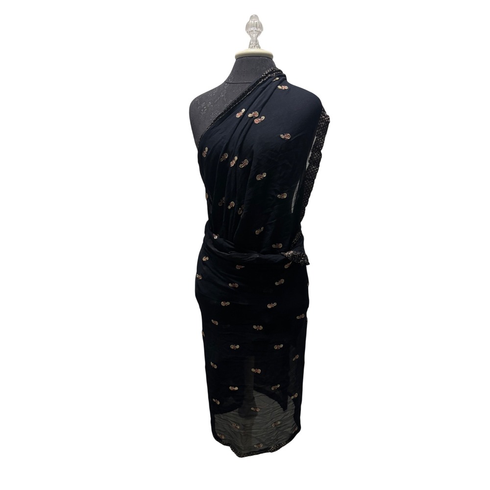 Black‎ Sheer Shawl Paisley Embroidered Sequin Wrap Gold Dot Border Evening Scarf